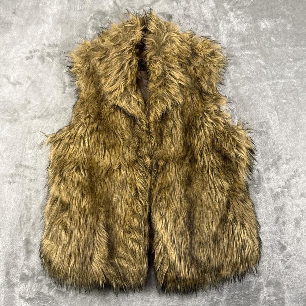 VTG Y2K CiSono By Cavalini Cream Brown Faux Fur Vest Size Large